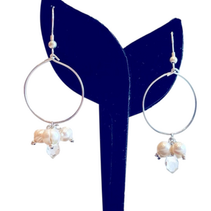 Fresh Water Pearl and Crystal Dangle Silver Hoop Earrings